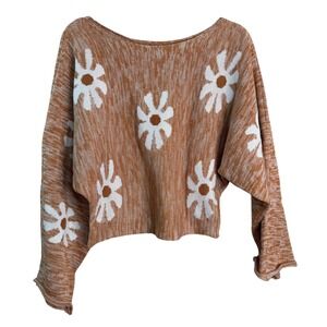 Daisy Floral Knit Crop Sweater Womens Large Orange White Batwing Sleeve Pullover